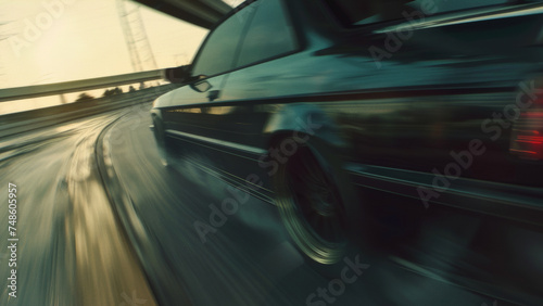 Dynamic shot of car speeding on highway, capturing motion and the thrill of the drive.