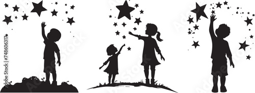 reaching for the stars, children stretching towards the stars in the night sky, black vector illustration photo