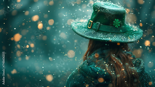 A person celebrates St. Patrick’s Day wearing a sparkling green hat adorned with a clover, amidst magical glowing lights. Perfect for: st patrick’s day, celebration, festive attire, holiday spirit