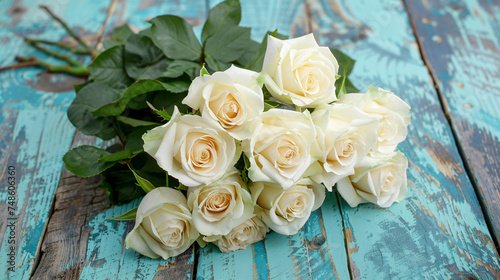 Bouquet of white roses on old blue paint.