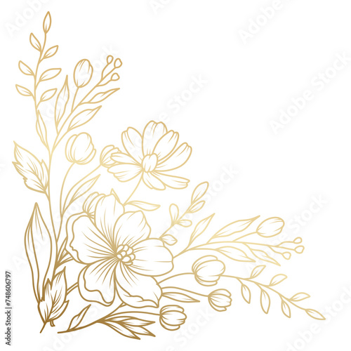 Corner decoration with golden flowers, branches and leaves in line art style. Abstract botanical background. Vector illustration for card, banner, invitation, advertising and packaging