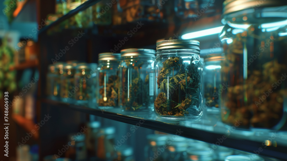 Jars of herbal cannabis are lined up meticulously on a shop shelf, glowing under moody lighting.