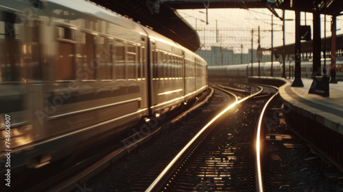 Speeding train rounds a bend, the golden hour illuminates its sleek metallic contours.
