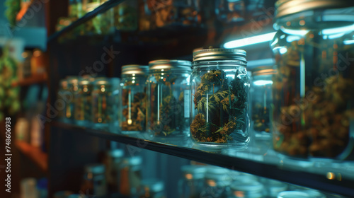Jars of herbal cannabis are lined up meticulously on a shop shelf, glowing under moody lighting.