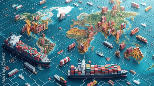 Illustration of cargo ships at sea with containers, depicting global maritime logistics and transportation network. generative ai