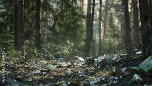 Sunlight pierces a misty forest, exposing the tragic contrast of natural beauty and littered ground.