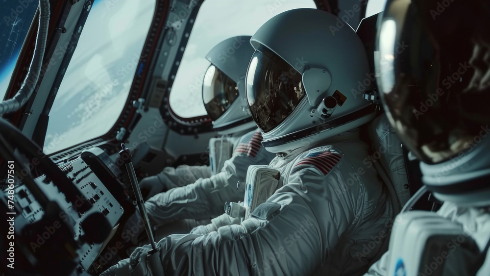 Astronauts preparing for mission in spacecraft cockpit. Astronauts preparing for mission in spacecraft cockpit.