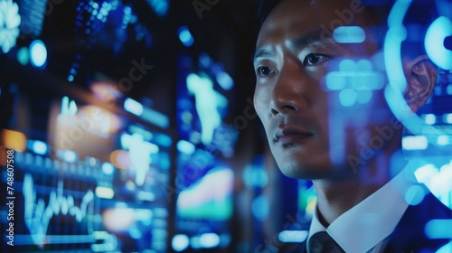 Man in suit analyzing digital stock market data, illustrating financial analysis and modern trading