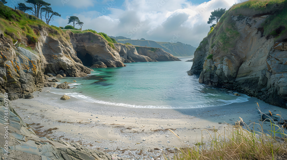 A secluded beach cove, with rugged cliffs as the background, during a peaceful morning