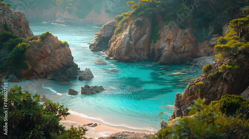 A secluded beach cove, with rugged cliffs as the background, during a peaceful morning