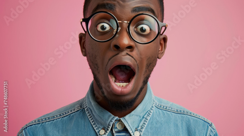 Astonished man with oversized glasses expressing overwhelming surprise.