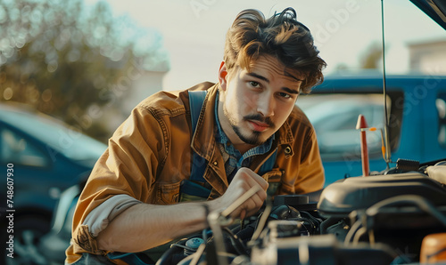 Young repairman bending over open hood with engine during checkup