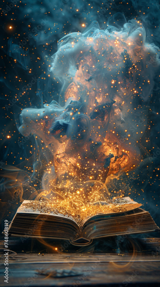 Obraz premium Antique book opens to a magic dreamlike fantasia. Magic symbols illuminating a dreamlike realm to reveal a fantasia world within. A gateway to fantasia.