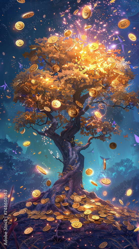 Luminous tree in dream dimension. Coins shimmering trees laden with new world currency . Symbolizing new world growth and opportunity.