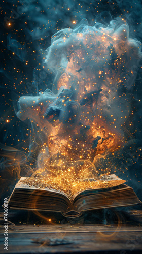 Antique book opens to a magic dreamlike fantasia. Magic symbols illuminating a dreamlike realm to reveal a fantasia world within. A gateway to fantasia.