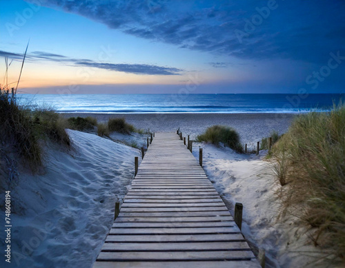 wooden path access in sand dune beach in ocean coast with horizon sunshine sunset