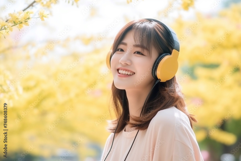 Spring and place for text, beautiful young asian woman enjoy listening to music with headphone with feeling happy and relaxed in the park Spring and place for text, beautiful young asian woman enjoy listening to music with headphone with feeling happy and relaxed in the park