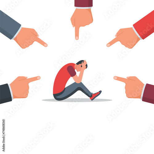 Accusation concept. Sad businessman. People point fingers at the sad person. Public victim. Vector illustration flat design. Isolated on white background. Harassment coworkers. Victim worker.