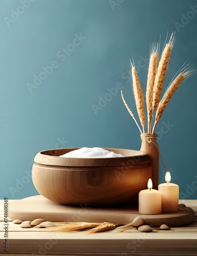Eco friendly spa relax banner with mockup of bath beauty product, loofahs and washing brush on wooden podium with rye and wheat ears. Wellness and skin care Generative AI photo