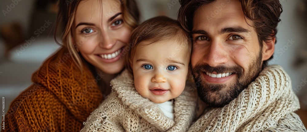 Close up portrait of beautiful family in knitted sweater with a small child girl. Mother, father, and baby together