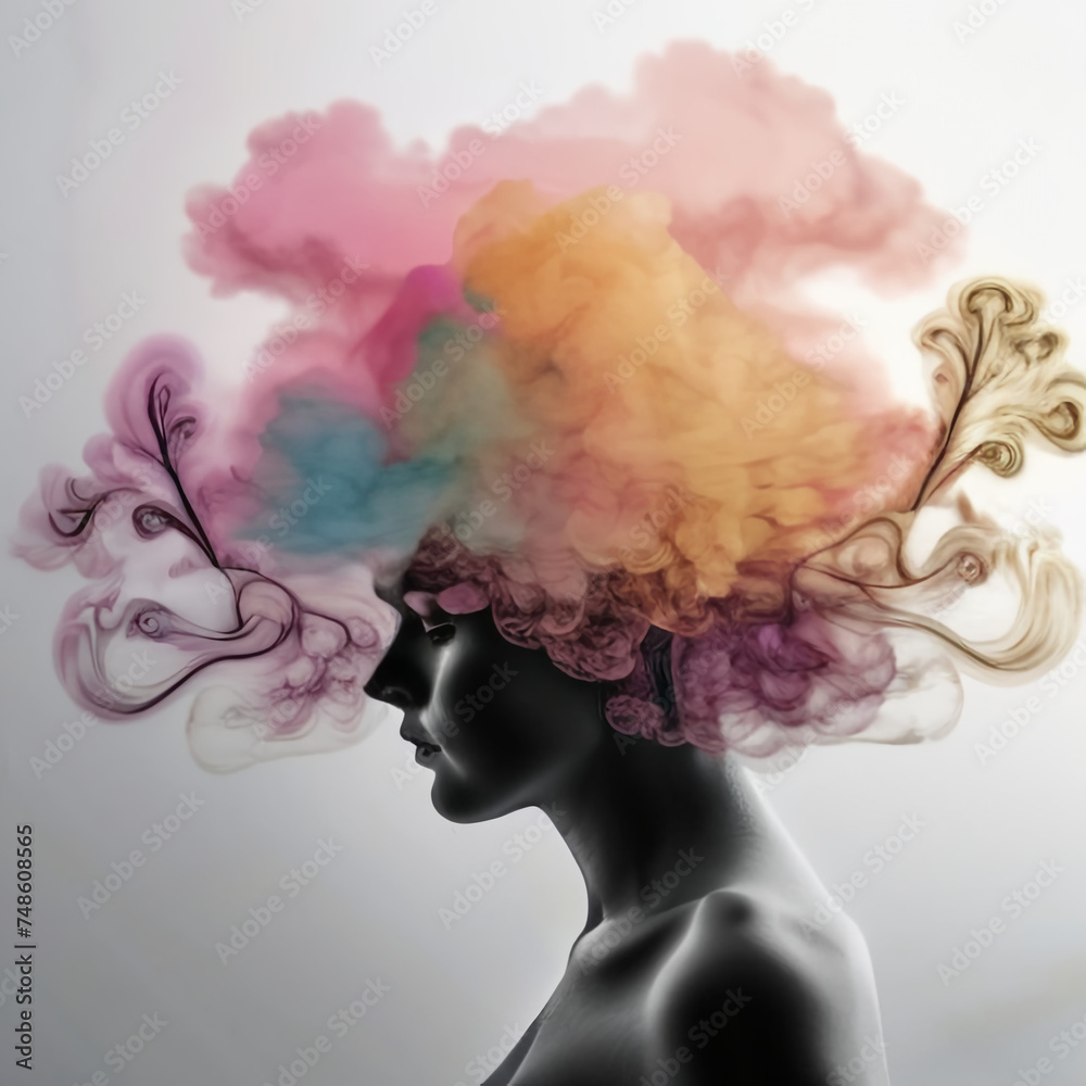 Concept of complex and confusing thoughts. Silhouette of a man with colored smoke above his head.