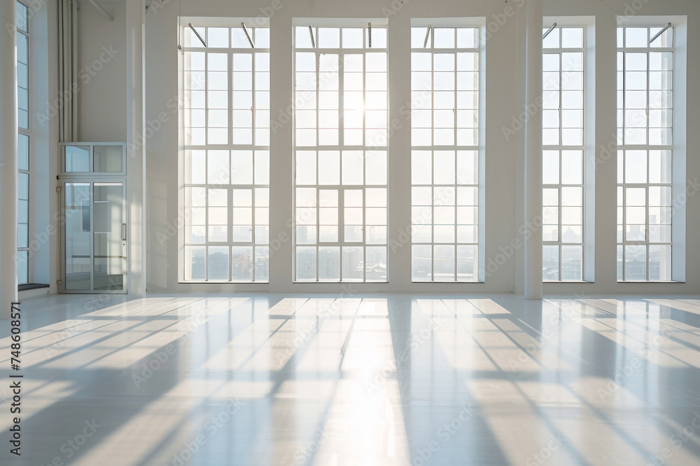 Obraz premium An empty space filled with light from large windows.