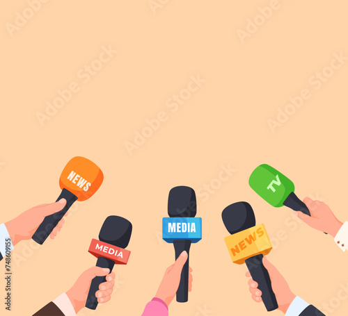 Microphones in the hands of people journalists. The concept of interviewing celebrities. Vector illustration
