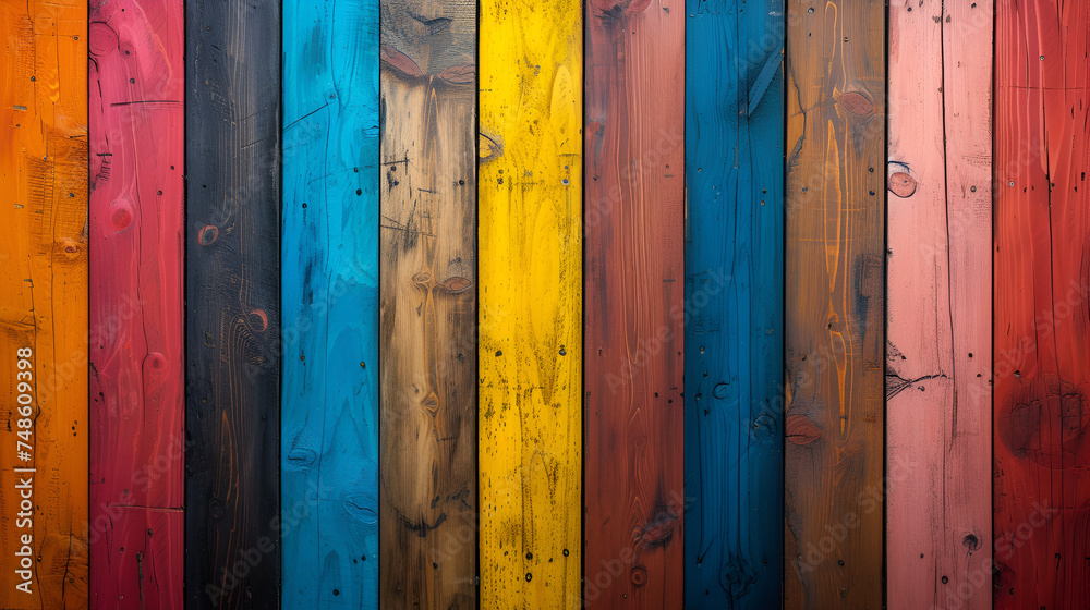 Colorful wooden wide banner background with vertical wooden slat of different bright colors. generative ai 