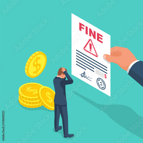 Fine concept. Letter with a fine. Landing page business metaphor. Vector illustration isometric 3d design. Isolated on background.