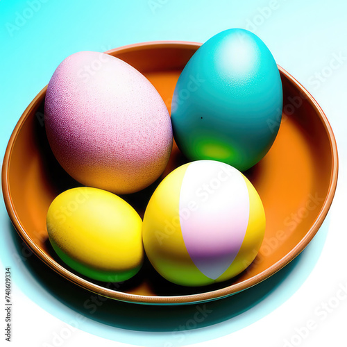 Painted eggs in a pot on a wooden table. Abstract background for Easter