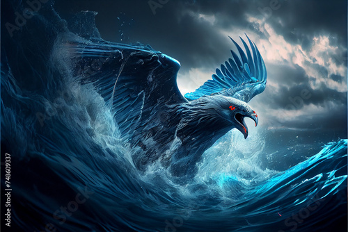 The phoenix bird rises from the raging waves of the sea. 
