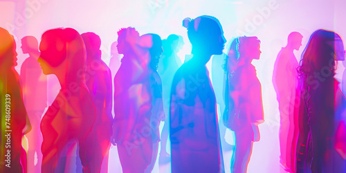 Colored Holographic Silhouettes Of People On A White Background With Glitter And Flashes Created Using Artificial Intelligence