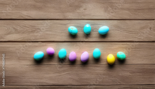 Painted eggs on a wooden table  top view. Abstract background for Easter