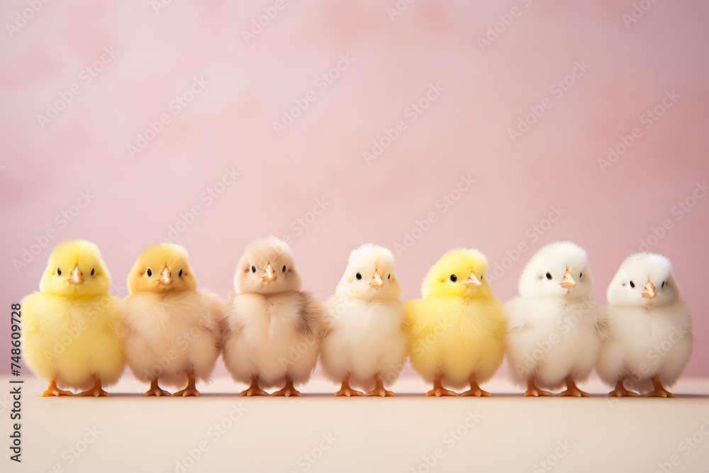 Small Easter chicks in a row on studio background with copy space