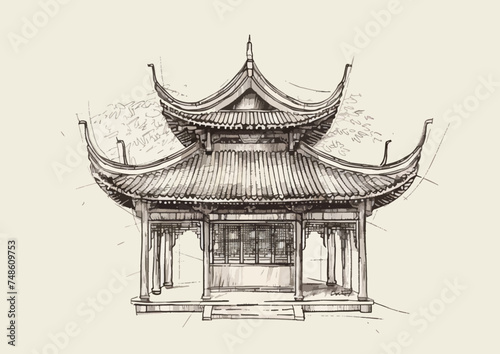 Chinese traditional pagoda with double tiled roof.