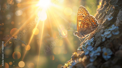 Brown butterfly on a tree with sunrays. © Rover