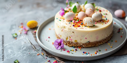 Easter Egg Cheesecake festive Easter dessert, mini eggs, spring flowers, space for text