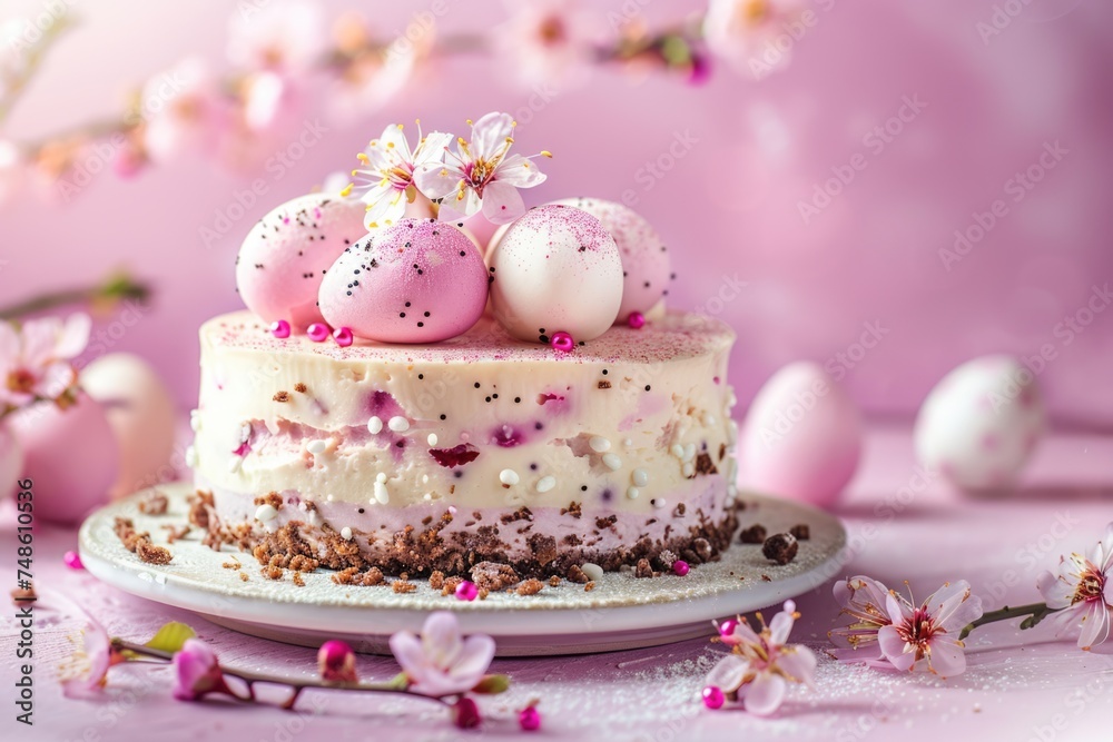 Easter Egg Cheesecake festive Easter dessert, mini eggs, spring flowers, space for text