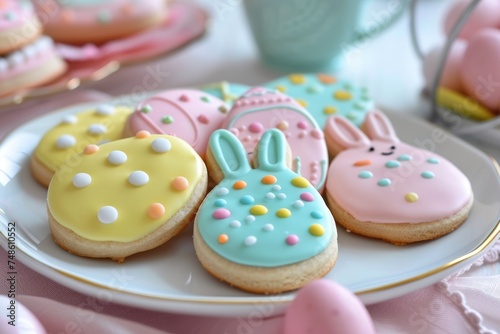 easter iced cookies in egg shapes and bunny shapes, festive Easter dessert, space for text