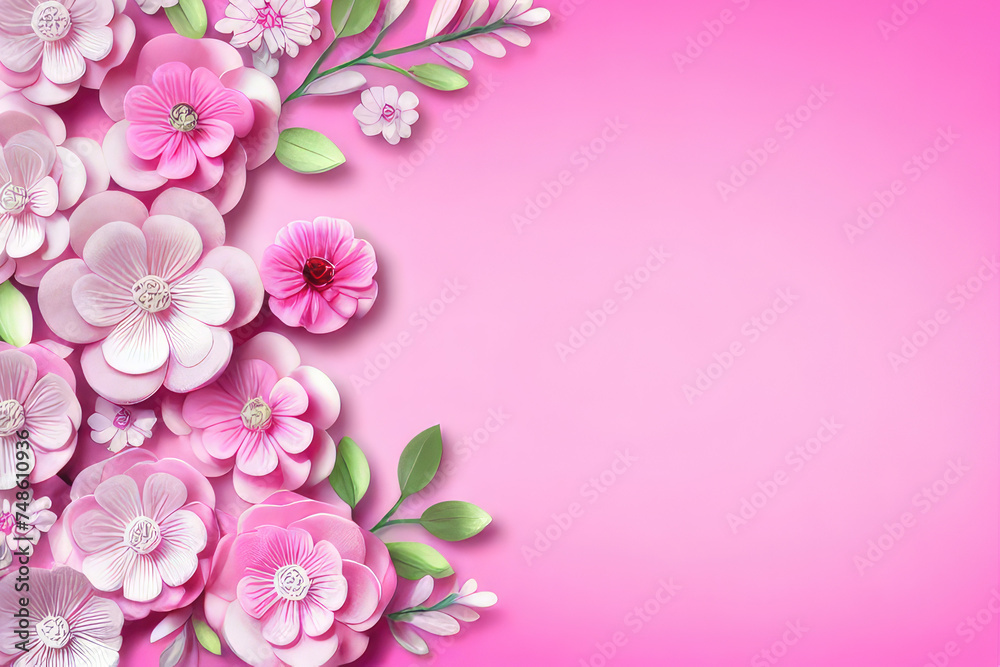 Abstract spring  pink background with many papercut flowers for 8 March Womans Day celebration. Postcard with copyspace