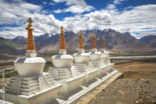 Five white stupas of Karsha monastery in Zanskar
