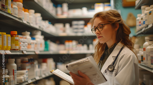 Female pharmacist reviewing medication inventory in pharmacy. Professional healthcare and medical services concept for design and print