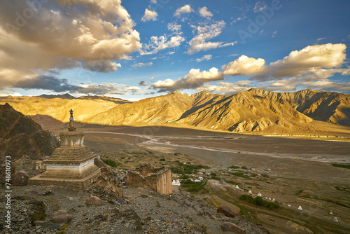 View at the Padum Valley of the Zanskar region with a buddhist stupa photo