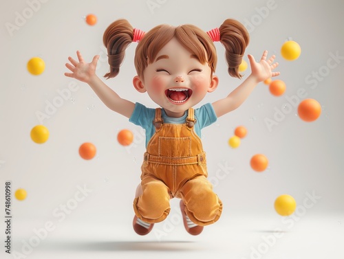 Happy little girl, 3D cartoon, lowpoly, clear background