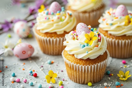 Easter cupcakes festive Easter dessert, decorated with mini eggs, spring flowers, space for text