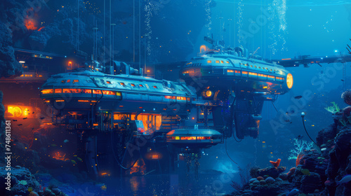 Neon-lit underwater station with submarines suggests high-tech marine exploration in a sci-fi setting,ai generated © Rajesh