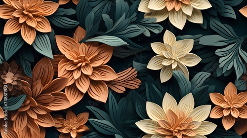 3d floral flowers seamless repeat pattern, floral pattern, flower paper art, in the style of light peach and dark teal polish folklore motifs, detailed foliage