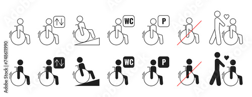 Accessibility icon set for disabled people in wheelchairs, pictogram outline. Editable stroke, color. Toilet, elevator, parking sign for handicapped people.Vector symbol, minimalist flat style