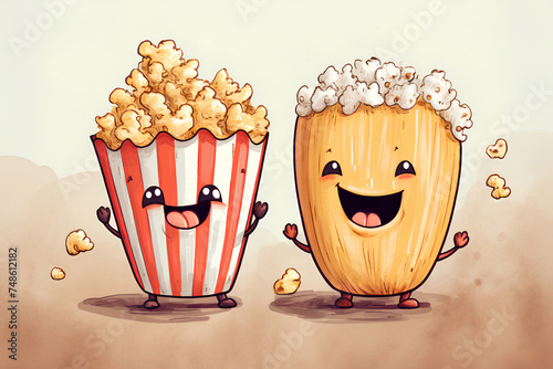 Two Funny popcorns on light background. Retro style.Cinema concept