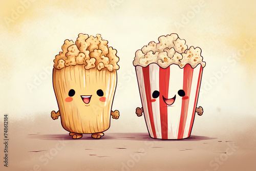 Two Funny popcorns on light background. Retro style.Cinema concept